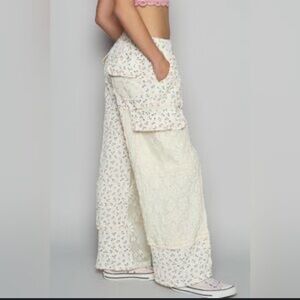 POL Cream and Pink FLORAL LACE Straight Leg Pants with Patchwork Design NWOT